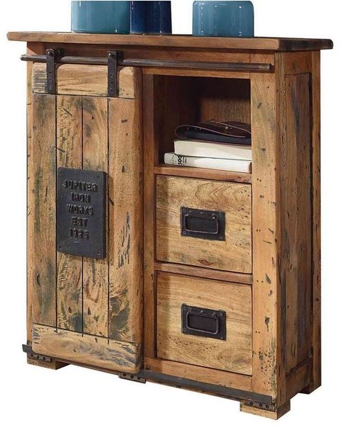 Massivart® Sideboard EMANUEL 75 cm / Massivholz Mango / 1 Rolltür, Türapplikation aus Gusseisen / Beschläge und Schienen aus Eisen
