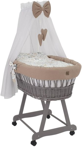 Wiklinopol Stubenwagen aus Weide mit Baldachin und Gestell Lena – Moseskorb in Grau, Komplettset mit 5-TLG. Waffel-Bettwäsche Kaninchen Beige – Mit Rollen, Tragbar, Sicher