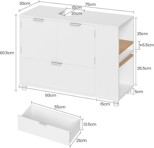 MSMASK Waschbeckenunterschrank Badezimmerschrank mit 2 Türen, Große Schublade, 30 x 60 x 75 cm Offene Fächer an Einer Seite, Rechts Oder Links Austauschbar, Weiß
