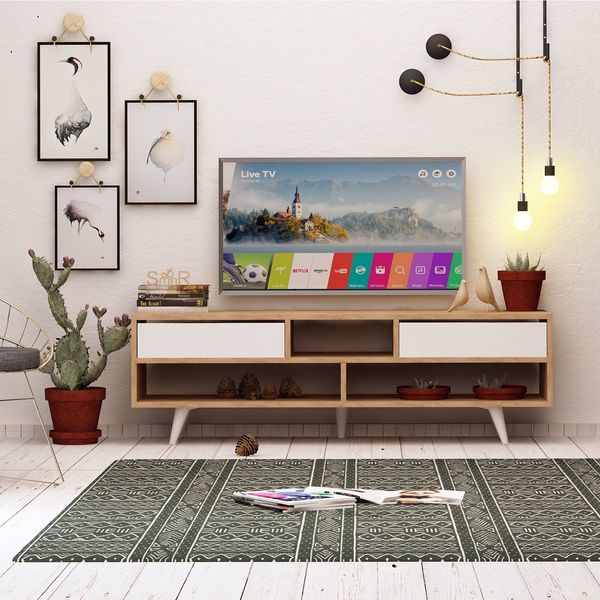 Hanah Home Modern TV Stand with Wall-Mount Option, Oak & White, 140 cm | 100% Melamine Coated Particle Board, 18 mm Thick | Stylish Design with Multiple Shelves