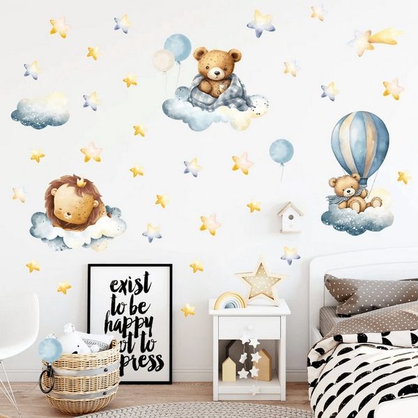 Montegoni Wandtattoo Kinder Wandsticker (Wandsticker mit Luftballon Löwe Bär Wolke Sterne Wandsticker, Kinderdeko, Kindergarten), Wandtattoo mit wildtieren für kinderzimmer, Babyzimmer