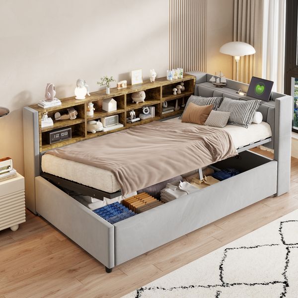 Polsterbett 90x200 cm ohne Matratze, Samt in Hellgrau, mit Bettkasten, USB/Type-C, Nachtlicht und Ablagen