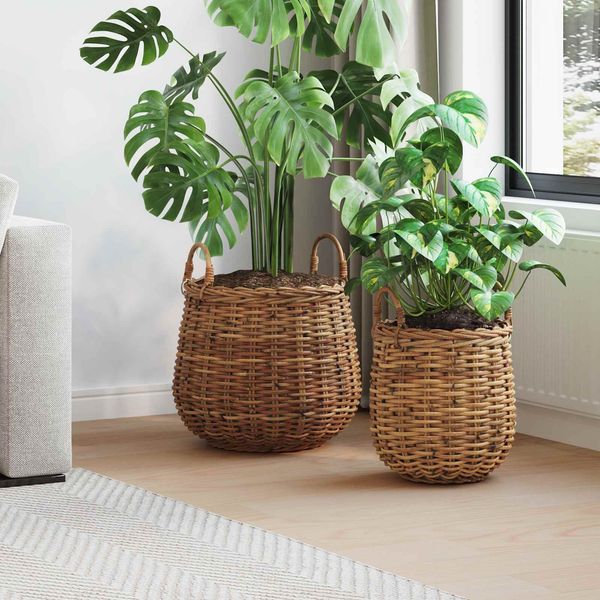 vidaXL Blumentopf Körbchen mit Speicher 2 Stk. Naturbraun Kubu Rattan 42020954