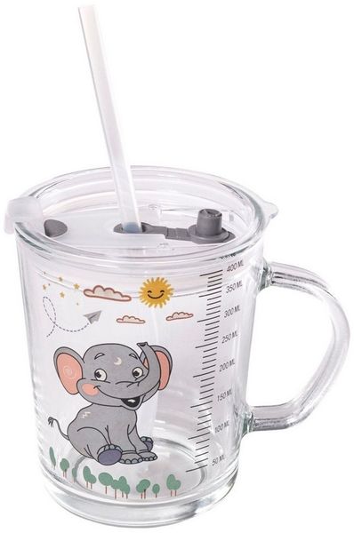 Intirilife Kinderbecher, 1-tlg, Glas, Kinder Trinkbecher transparent mit Deckel Strohhalm mit Elefant Design