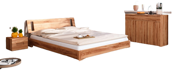 Bett Bento 12 Sonderlänge 180x220 Kernbuche massiv Holzkopfteil und Holzbeine