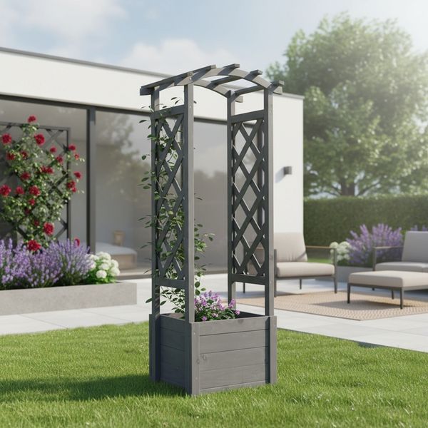 Rosenbogen mit Pflanzkasten - Rankgitter Gartenbogen Holz grau