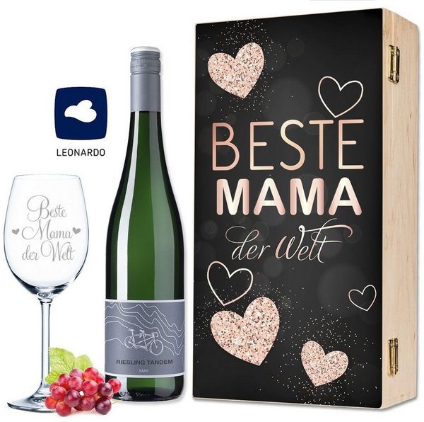 GRAVURZEILE Rotweinglas mit Gravur - Beste Mama der Welt - Lasergraviert - Muttertagsgeschenk, Qualitätsglas aus dem Hause Leonardo, Ausführung: Daily Weinglas mit Holzkiste
