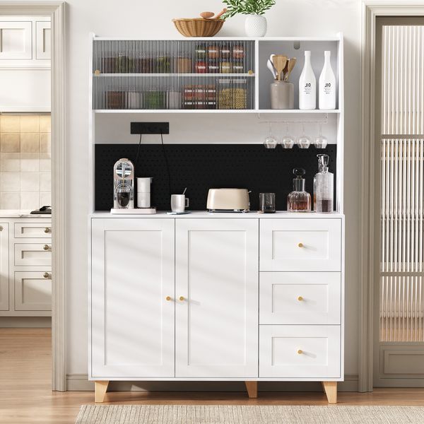 Hochschrank mit Steckdosen und Lochbrett , Barschrank mit Weinglashaltern und Stauraum, Küchen-Buffetschrank mit Schubladen, Ideal für Küche und Esszimmer (Weiß)