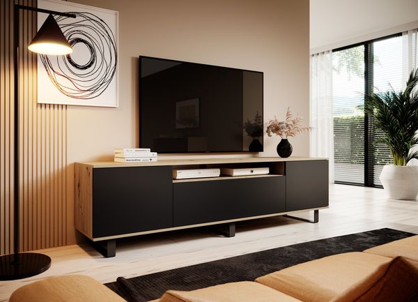 TV-Schrank 200 cm, Fernsehtisch, Lowboard, Artisan/Schwarz Matt, schwarze Metallfüße, Modernes Design, Masimo, 56 x 40 x 200 cm