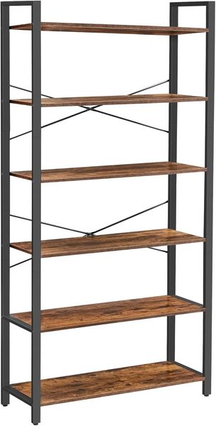 Vasagle Bücherregal mit 6 Ebenen, Aufbewahrungsregal, Stahlgestell, für Wohnzimmer, Arbeitszimmer, Büro und Flur, 80 x 30 x 186 cm, vintagebraun-schwarz