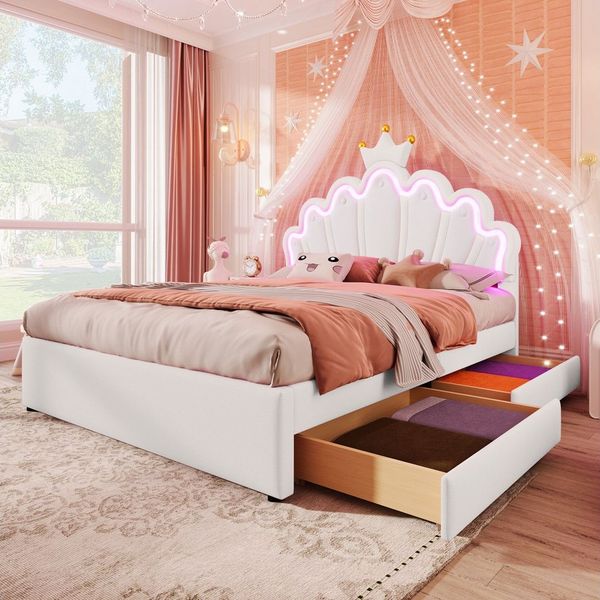 Flieks Polsterbett, LED Kinderbett mit krone-Form Prinzessinnenbett 140x200cm 2 Schubladen