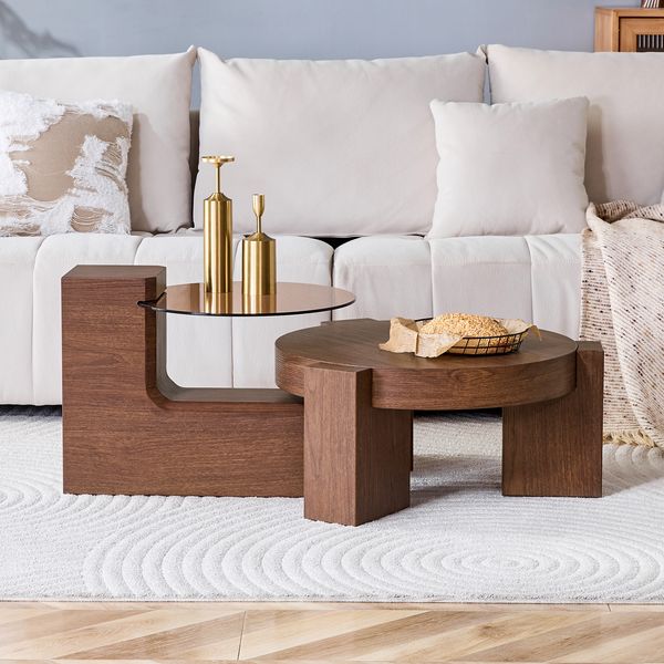 Couchtisch-Set rund H 44 x T 123 x B 61 cm, 2-teilig trennbar, braunes Glas & MDF in Nussbaumoptik