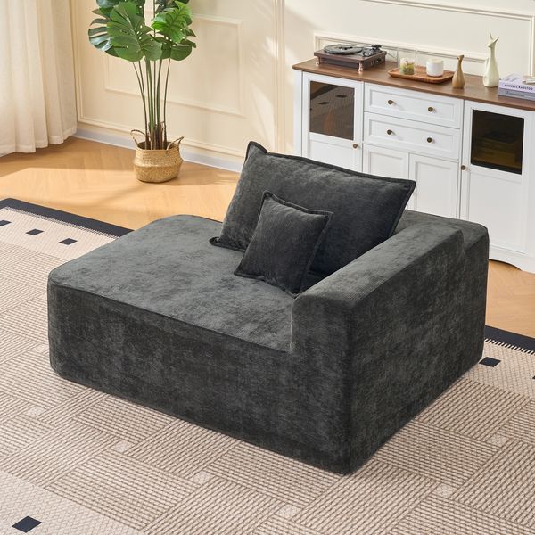 Sofa mit Chaiselongue in Schwarz, Chenille, Sitzhöhe 41 cm, ohne Montage, mit Seitentaschen,65x144x112 cm