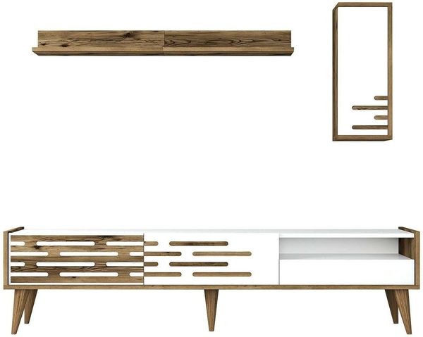 Dmora Fernsehschrank Upana, Ständer für Wohnzimmerfernseher, Niedriges Wohnzimmer-Sideboard, TV-Ständerbasis, 180x45h35 cm, Weiß und Walnuss