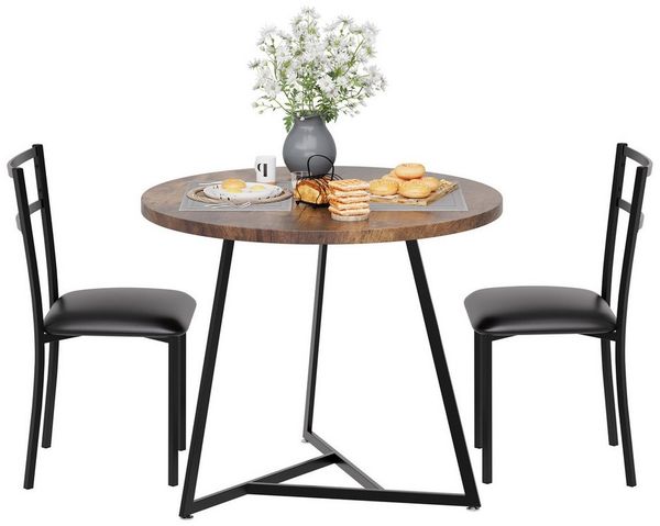GarveeMore Essgruppe Esstisch mit 2 Stühlen,für Küche & Esszimmer, Runder Esstisch mit 2 Gepolsterter Sitz für kleinen Raum