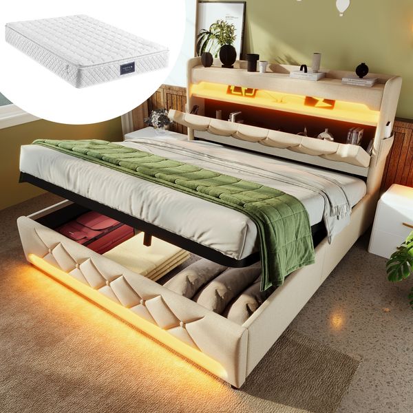 Polsterbett 160×200 cm aus Leinen-Stoff mit LED-Beleuchtung und Matratze, beige