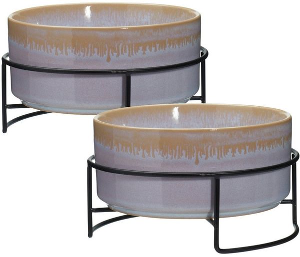 Koopman Futternapf Hundenapf Katzennapf Fressnapf 17x10cm Keramik 2er Set, Keramik, Hellblau / Grau, Keramik, 1 Liter je Napf, Metall, Standsicher