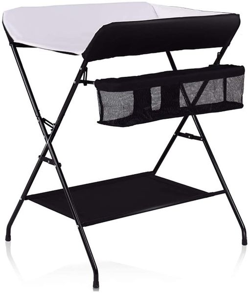 mobiler Wickeltisch mit Wickelaufsatz, Wickelkommode klappbar höhenverstellbar, Wickelkombi mit Sicherheitsgurt Aufbewahrungskorb Kleiderstange-79 * 55,5 * 96 cm (cremefarben)