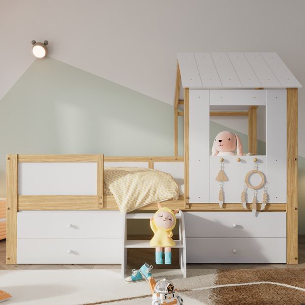 Kinder-Hochbett 90x200 cm, mit Schubladen, Regalen & Sicherheitsgeländer, Massivholz, Natur