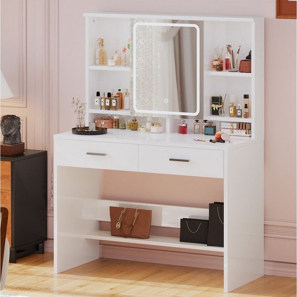 Furnicopia Schminktisch Mit LED-Beleuchtung Mit Schublade, Ablagefach, einstellbare Helligkeit (Größe: 90*40CM, mit 6 Ablagefächern, 2 Schubladen, 3 Farben verfügbar, erste Wahl für Geschenke)