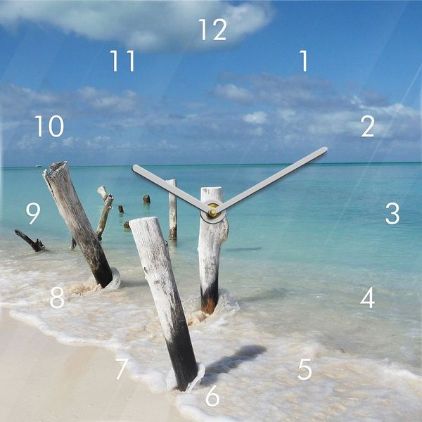Levandeo® Wanduhr (Wanduhr Glas 20x20 cm Meer Strand Urlaub Uhr Glasbild Insel Wandbild)