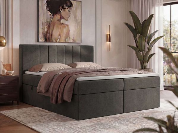 Boxspringbett INERO 140x200 mit Matratze H4 und Topper T25, 7-Zonen-Multipocket-Kern, zwei Bettkästen, Doppelbett, gepolstert Kopfteil - Dunkelgrau Stukture