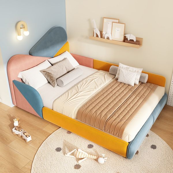 Merax Kinder Polsterbett 140x200 cm, mehrfarbiges Doppelbett mit erhöhtem Seitenschutz, weiches Bodenbett mit gepolstertem Kopfteil und Fallschutz für Kinderzimmer