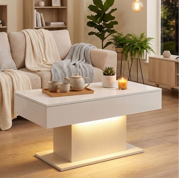 HOMCOM Couchtisch Wohnzimmertisch mit LED Beleuchtung, 2 Schubladen, Fernbedienung (Kaffeetisch, 1-St, 1 Tisch), für Wohnzimmer, 108 x 48 x 55 cm Weiß