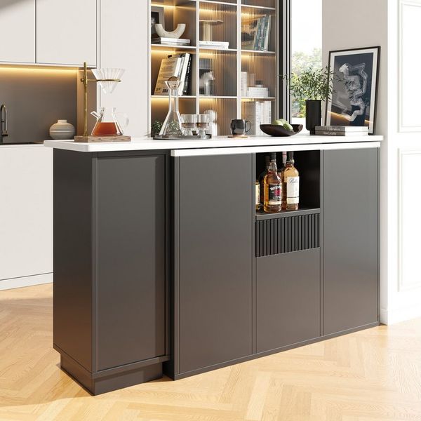 Flieks Bartisch 360° drehbar Stehtisch und Mehrzweckschrank 2-in-1 (Set, 2-St, mit verstellbarer Einlegeböden und Arbeitsplatte in Marmoroptik), schwenkbar Essbar Kücheninsel Küchenschrank mit Schubladen