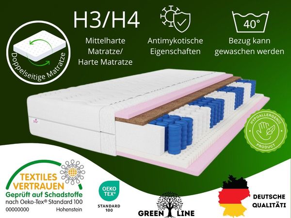 Taschenfederkernmatratze 7 ZONEN Comfort, Latex -Kokos Matratze Härtegrad H3/H4, MARPUR, 20 cm hoch