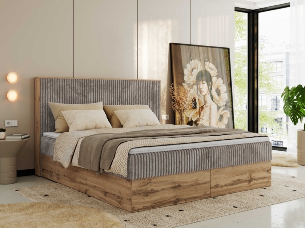 Doppelbett, Boxspringbett mit Bettkästen, Multipocket-Matratze und Topper, Set mit Kopfteil, Eiche Wotan Holzrahmen - WOOD CLASSIC - 160 x 200 cm - Hellbraun Cord - H3