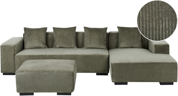 Ecksofa 4-Sitzer LUNGO Cord Grün mit Ottomane linksseitig