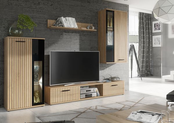 Wohnwand Wow in Hickory Jackson mit Streifenaufdrück und LED Beleuchtung 255 x 180 cm 4-teilig