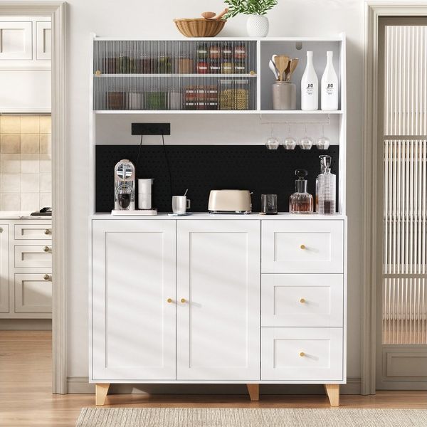 Flieks Küchenbuffet mit Steckdosen, Lochwand, Gläserhalter, Glas-Schiebetür und Schubladen (120x40x184 cm, 1-St, Mehrzweckschrank mit Arbeitsplatte, Türablagen und Massivholzbeinen) Hochschrank Küchenschrank Geschirrschrank mit verstellbarer Ablagen