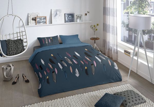 Soma Renforcé Pastell Bettwäsche-Set 2 teilig Bettbezug 2tlg 135x200 cm Kopfkissenbezug 80x80 cm (Federn blau)