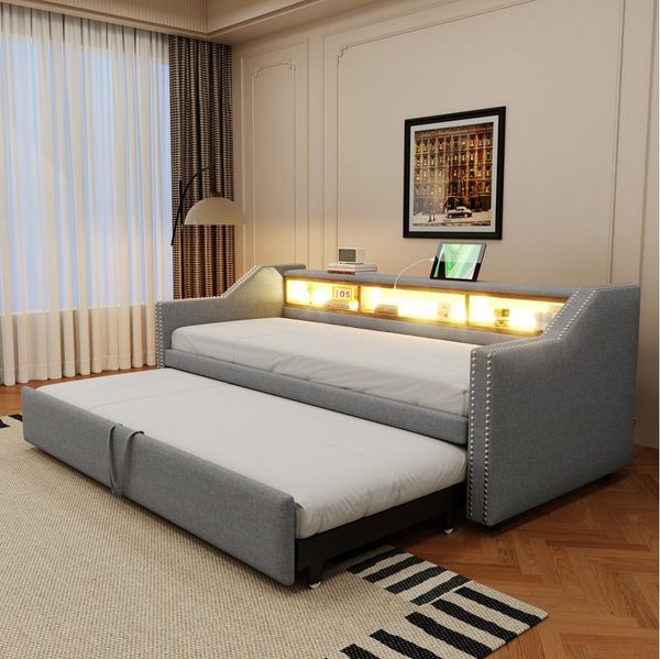 Flieks Daybett, Ausziehbares Polsterbett 90/180x190cm mit LED und USB-Laden