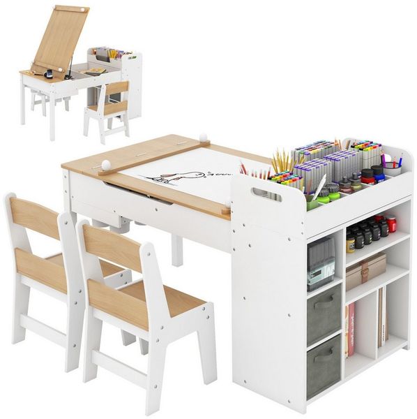 COSTWAY Kinderschreibtisch (3-St), Kindersitzgruppe mit klappbarer Tischplatte
