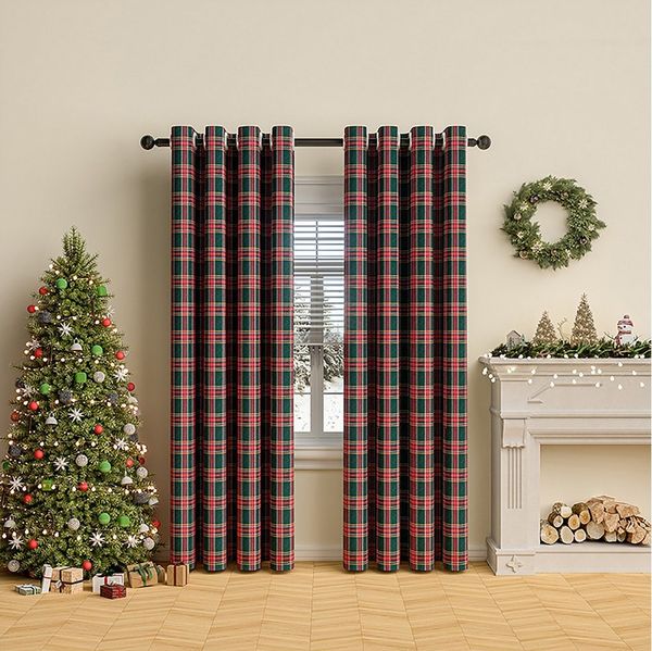 Rosnek Vorhang Karo Vorhang Fenstervorhang Weihnachtsdeko Ösen, Halbtransparent (2 St), für Wohnzimmer Schlafzimmer Bauernhaus Restaurant 132x160cm Rot-Grün