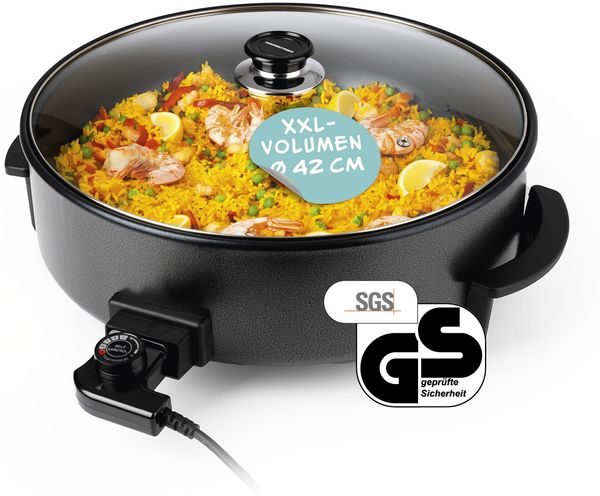 GOURMETmaxx Elektrische Pfanne 1500W metallic schwarz 42cm mit Deckel & Trenner, 1500 W, Pasta Pizza ohne Herd zubereiten Antihaftbeschichtung mit Cool-Touch