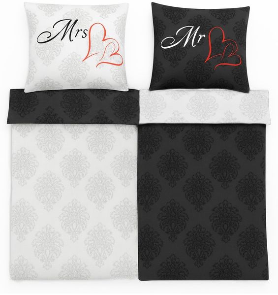 2er Set Partnerbettwäsche „Mr & Mrs“ - Mikrofaser-Bettwäsche mit Reißverschluss 135 x 200 cm