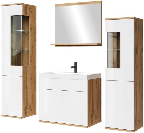 Badezimmermöbel Nobel XL 60x35 cm – Eiche mit Hochglanz weiß – Badezimmerschrank mit Spiegel und Hochschränken