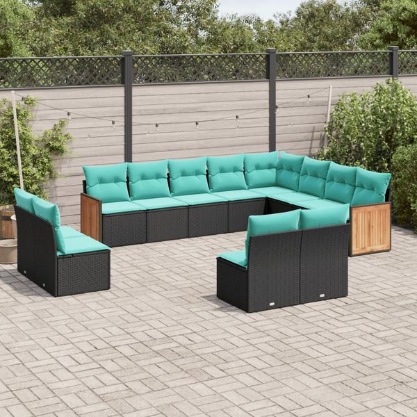 vidaXL 12-teiliges Gartensofa-Set mit Kissen, schwarzes Polyrattan 3228150