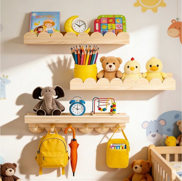 BlingBin Kinderregal 3er Set Bücherregal Kinder Wand, Wandregal Kinderzimmer 40cm, 1er Set 3-tlg, Schweberegale mit 6 Holzhaken für Jungen & Mädchen, Montessori Regal