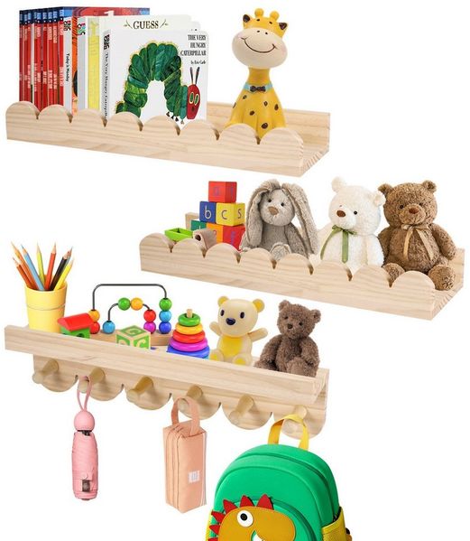 BlingBin Kinderregal 3er Set Bücherregal Kinder Wand, Wandregal Kinderzimmer 40cm, 1er Set 3-tlg, Schweberegale mit 6 Holzhaken für Jungen & Mädchen, Montessori Regal