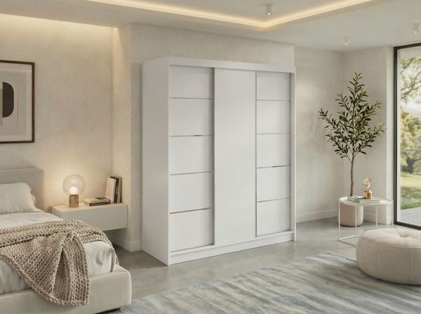 Moderner Schwebetürenschrank MACEDONIA, Kleiderschrank in Weiß Color, Breite 180 cm, minimalistisches Design, Inkl. Innenausstattung - mit Schubladen