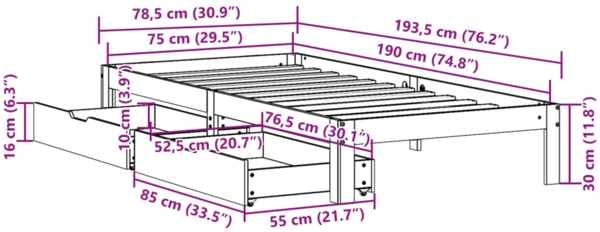 vidaXL Massivholzbett mit Schubladen 75x190 cm Kiefer 3301932 Bild 10