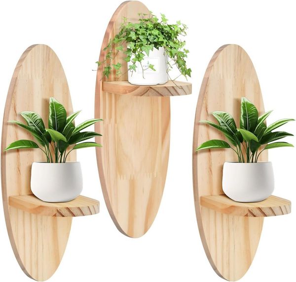 Holz Lichter Wandregal Schweberegal Set – Oval, Naturholz, handpoliert, 3-tlg, Ovales Naturholz‑Schweberegal, handpoliert, sichtbare Maserung