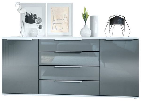 Vladon Sideboard Linio V2 166,5 x 72,5 x 35 cm Anrichte mit 2 Türen und 4 Schubladen, Korpus in Weiß matt, Fronten in Grau Hochglanz Bild 4