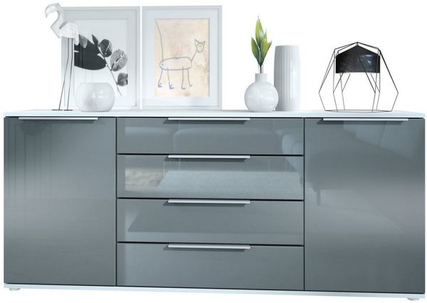 Vladon Sideboard Linio V2 166,5 x 72,5 x 35 cm Anrichte mit 2 Türen und 4 Schubladen, Korpus in Weiß matt, Fronten in Grau Hochglanz Bild 5