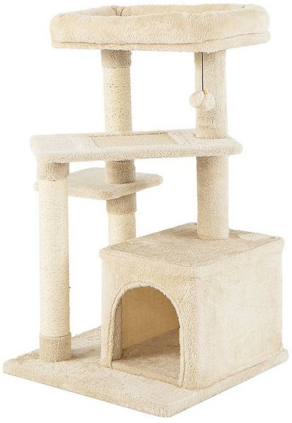COSTWAY Kratzbaum, 85cm hoch Katzenbaum, mit Katzenhöhle & Ball, beige